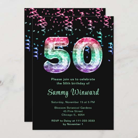 Invitation 50e anniversaire des ballons de sirène avec Confet (Devant / Derrière)