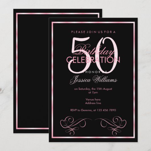 Invitation 50e anniversaire des femmes à cadre rose glamour (Devant / Derrière)