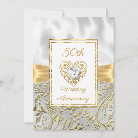 Invitation 50e Anniversaire diamant Heart Gold Bow Floral (Devant)