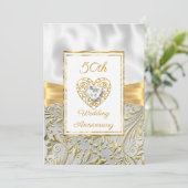 Invitation 50e Anniversaire diamant Heart Gold Bow Floral (Debout devant)