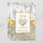 Invitation 50e Anniversaire diamant Heart Gold Bow Floral (Devant / Derrière)