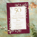 Invitation 50e Anniversaire d'or Bourgogne Feuille de verdure<br><div class="desc">Doté de feuilles de verdure botanique d'aquarelle sur un arrière - plan bordeaux. Cette élégante invitation anniversaire peut être personnalisée avec vos informations spéciales de célébration de 50 ans dans la typographie or stylisée. Conçu par Thisisnotme©</div>