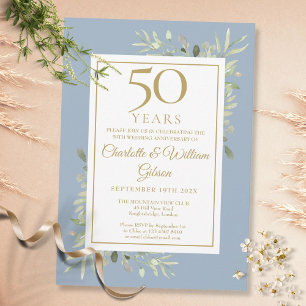 Invitation 50e Anniversaire d'or Dusty Blue Greenery Feuille