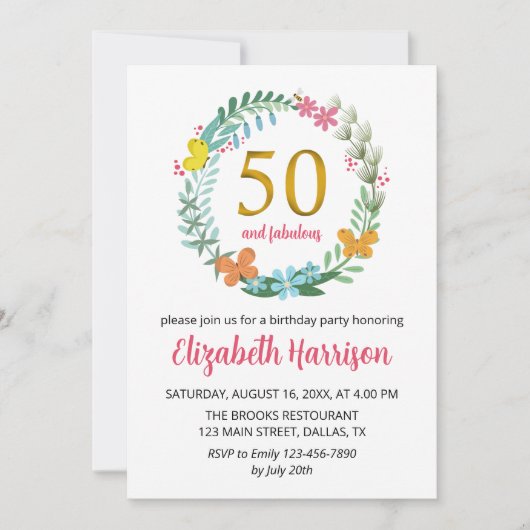 Invitation 50e Anniversaire d'or Fête Floral Wreath Papillon (Devant)
