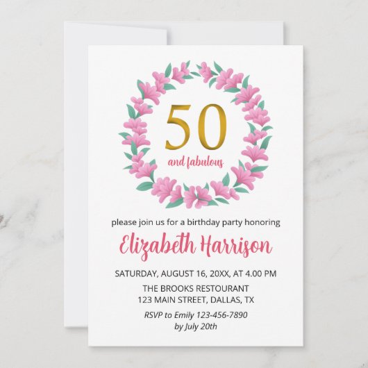 Invitation 50e Anniversaire d'or Fête Floral Wreath rose (Devant)