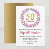Invitation 50e Anniversaire d'or Fête Floral Wreath rose (Devant / Derrière)