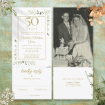 Invitation 50e anniversaire d'or Mariage photo Foliage RSVP<br><div class="desc">Un tout en une invitation et carte rsvp avec aquarelle vert feuillage. Personnalisez avec votre photo mariage préférée et vos détails spéciaux de célébration du 50e anniversaire de mariage d'or en typographie or chic. L'invitation comprend une carte RSVP qui peut être coupée et des informations sur les invités. Conçu par...</div>