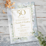 Invitation 50e Anniversaire d'or Snowflakes Feuille de verdur<br><div class="desc">Doté d'un arrière - plan de flocons de neige hivernaux,  de feuilles d'eucalyptus à l'aquarelle botanique et verdoyante. Cette invitation chic à l'anniversaire d'or peut être personnalisée avec vos détails spéciaux de célébration de 50 ans dans la typographie dorée moderne. Conçu par Thisisnotme©</div>