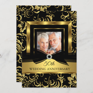 Invitation 50e anniversaire du Mariage Black Gold Damask Phot