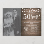 Invitation 50e anniversaire du Mariage Bois rustique<br><div class="desc">Invitation du 50e anniversaire du Mariage avec photo personnalisée. Arrière - plan rustique en bois. Éclairage à cordes. Noir et blanc. 1ère, 2ème, 3ème, 4ème, 5ème, 10ème, 15ème, 20ème, 25ème, 30ème, 35ème, 40ème, 45ème, 50ème, 55ème, 60ème, 65ème, 70ème, 75ème, 80ème, n'importe quelle année. Anniversaire adulte. Fête d'anniversaire d'une femme ou...</div>