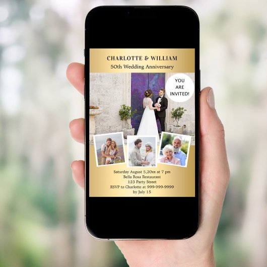 Invitation 50e anniversaire du mariage collage photo en or