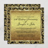 Invitation 50e anniversaire du Mariage Damas noir et or (Devant / Derrière)