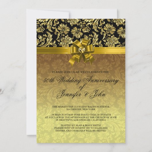 Invitation 50e anniversaire du Mariage Damas noir et or 2 (Devant)