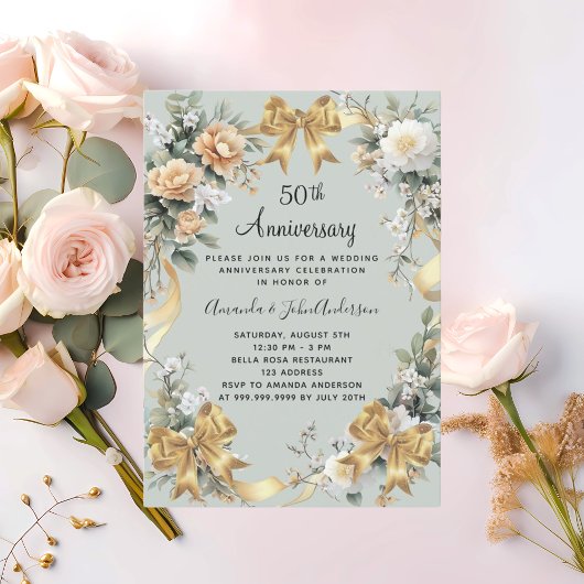 Invitation 50e anniversaire du mariage fleurons jaunes or arc