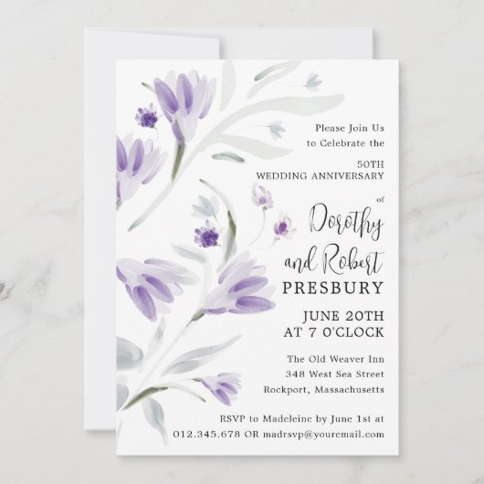 Invitation 50e anniversaire du Mariage Floral pourpre (Devant)