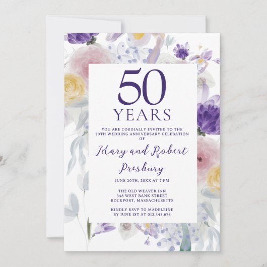 Invitation 50e anniversaire du Mariage Floral rose violet (Devant)