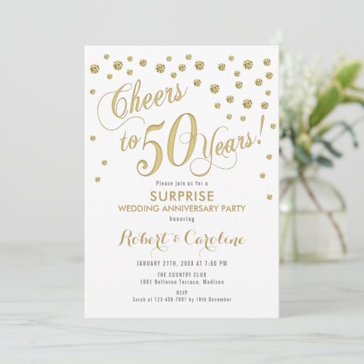 Invitation 50e anniversaire du Mariage surprise - Blanc & Or (Debout devant)