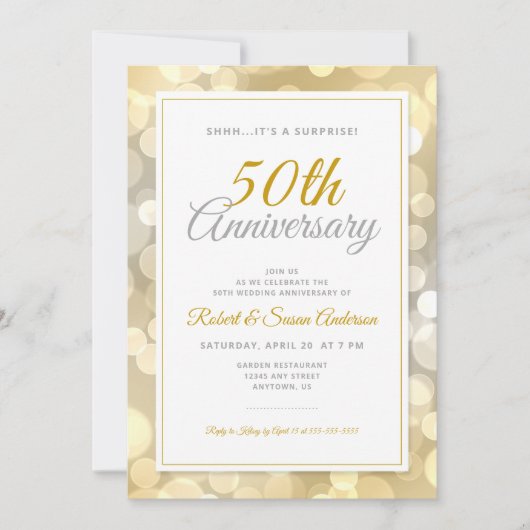 Invitation 50e anniversaire du Mariage Surprise | Gold Bokeh (Devant)