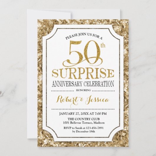 Invitation 50e anniversaire du Mariage surprise - Or blanc (Devant)