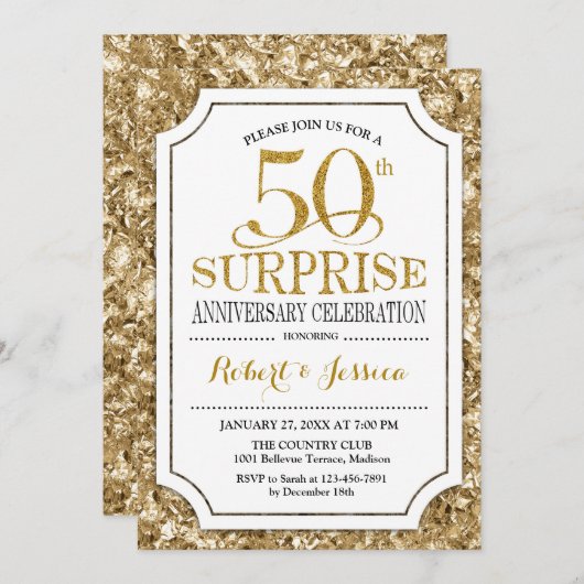 Invitation 50e anniversaire du Mariage surprise - Or blanc (Devant / Derrière)