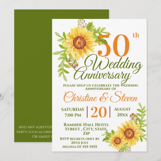 Invitation 50e anniversaire du Mariage Tournesol floral (Devant / Derrière)