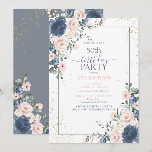 Invitation 50e anniversaire Dusty Blue Blush or rose Floral (Devant / Derrière)