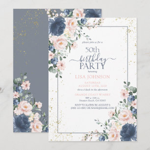 Invitation 50e anniversaire Dusty Blue Blush or rose Floral