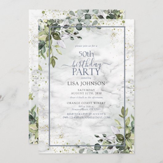 Invitation 50e anniversaire Dusty Blue Eucalyptus verdure (Devant / Derrière)