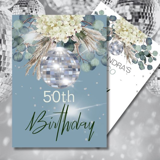 Invitation 50e anniversaire Dusty Blue Floral Disco Ball