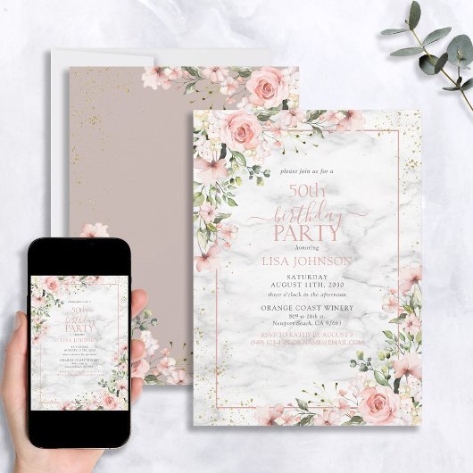 Invitation 50e anniversaire Dusty rose or Aquarelle marbre