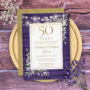 Invitation 50e Anniversaire Éclairage à cordes Violet Bois Fo