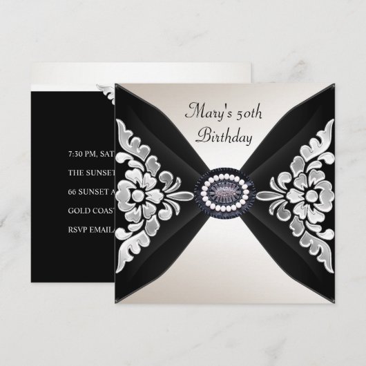 Invitation 50e anniversaire Elegant Black White Jewel 2 (Devant / Derrière)