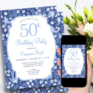 Invitation 50e Anniversaire Élégant Fleur Bleue Féminin Oisea