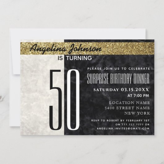 Invitation 50e Anniversaire Elegant Gold Noir et Marbre blanc (Devant)