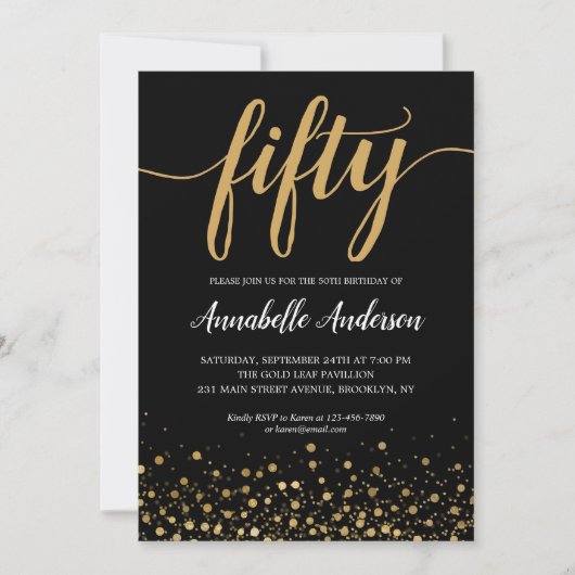 Invitation 50e anniversaire Elegant Noir Confetti Script (Devant)