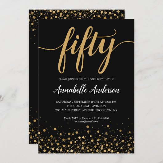 Invitation 50e anniversaire Elegant Noir Confetti Script (Devant / Derrière)