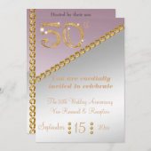 Invitation 50e Anniversaire élégant nugget or & lumière rose (Devant / Derrière)