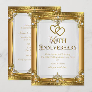 Invitation 50e Anniversaire Élégant Or Perle Blanche Doré