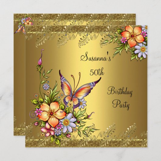 Invitation 50e anniversaire Elegant or rose Fleurs Jaunes (Devant / Derrière)