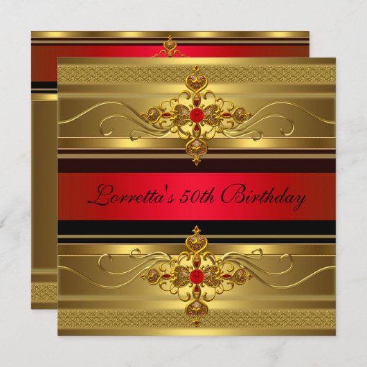 Invitation 50e anniversaire Elegant or Rouge Diamant Bijou (Devant / Derrière)
