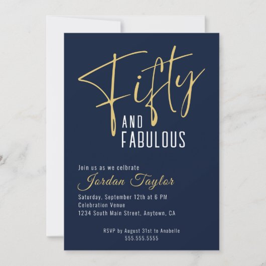 Invitation 50e anniversaire Elegant Script Navy et or (Devant)