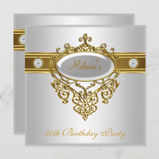 Invitation 50e anniversaire Elégante dentelle blanche or diam (Devant / Derrière)