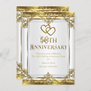 Invitation 50e Anniversaire Elégante perle blanche or