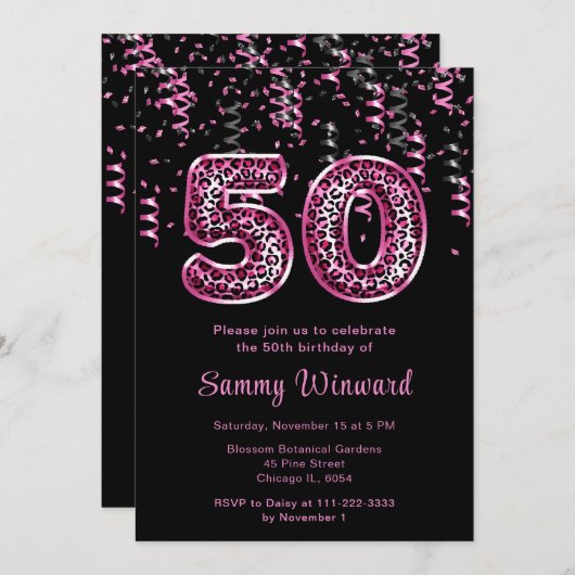 Invitation 50e anniversaire Empreintes de léopard ballons ave (Devant / Derrière)