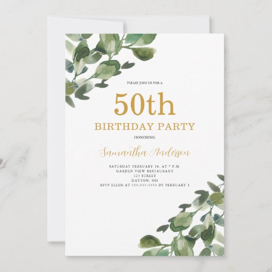 Invitation 50e anniversaire Eucalyptus Aquarelle d'or Script (Devant)