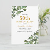 Invitation 50e anniversaire Eucalyptus Aquarelle d'or Script (Debout devant)