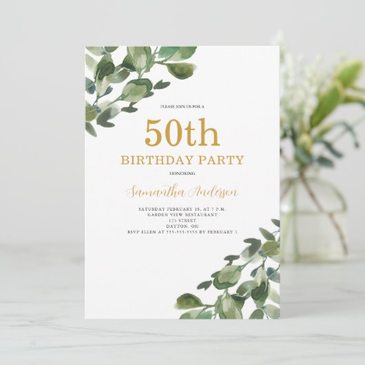 Invitation 50e anniversaire Eucalyptus Aquarelle d'or Script (Debout devant)