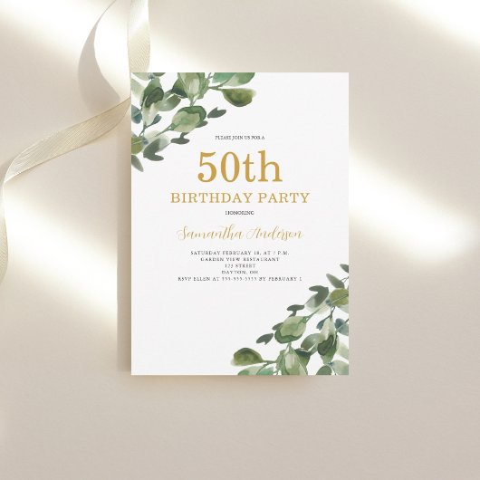 Invitation 50e anniversaire Eucalyptus Aquarelle d'or Script