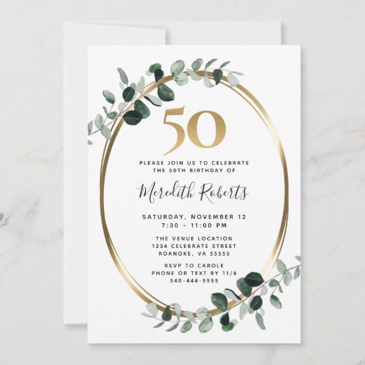Invitation 50e anniversaire Eucalyptus Gold Metallic Party (Devant)