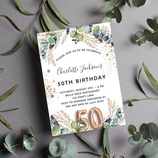 Invitation 50e anniversaire eucalyptus parties scintillant de